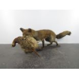 Vintage taxidermy red fox with grouse. 120cms long.