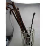 Collection of vintage walking sticks in metal stick stand