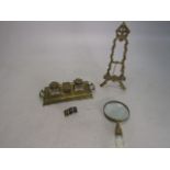 Collection of vintage brass ware to include an inkwell and a magnifying glass etc