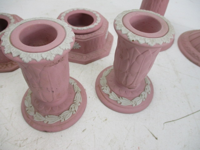 Trio set of pink Jasperware Wedgwood to include candle sticks/ candle holders Lot 4 - Image 3 of 4