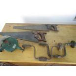 Collection of vintage tools to include saws grinder etc