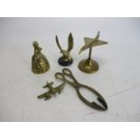 Collection of brass ware to include 2 x planes, statue of a lady and nut crackers.