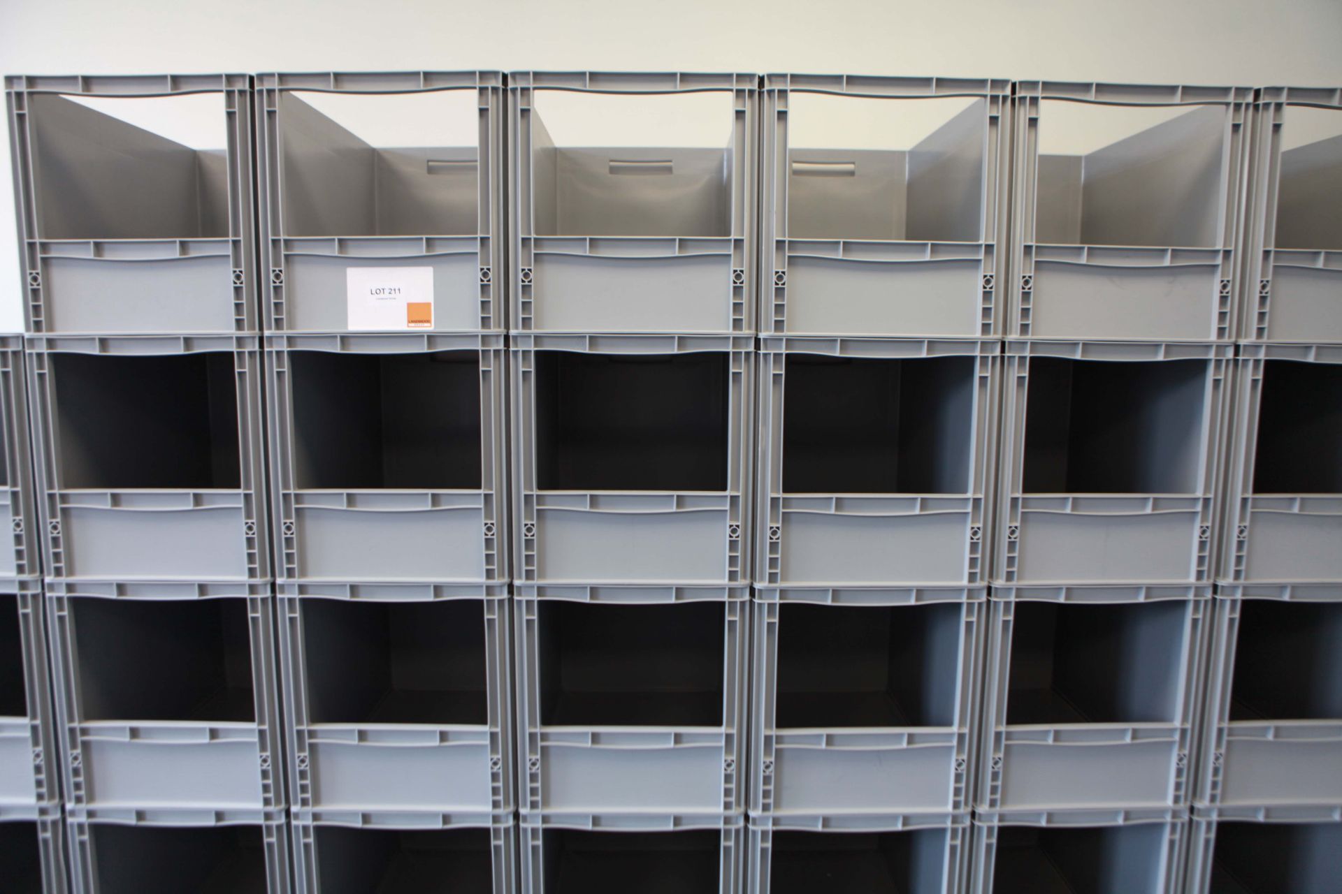 20 Open front stacking plastic storage boxes