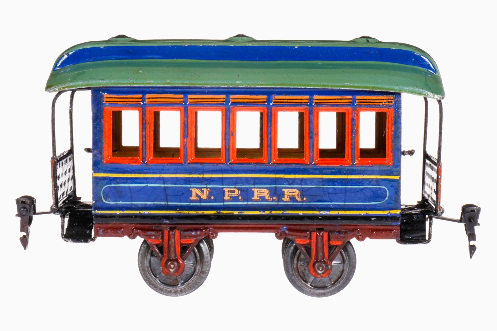 Märklin amerik. NPRR Personenwagen 1873, S 1, uralt, handlackiert, 2 AT, mit Inneneinrichtung,