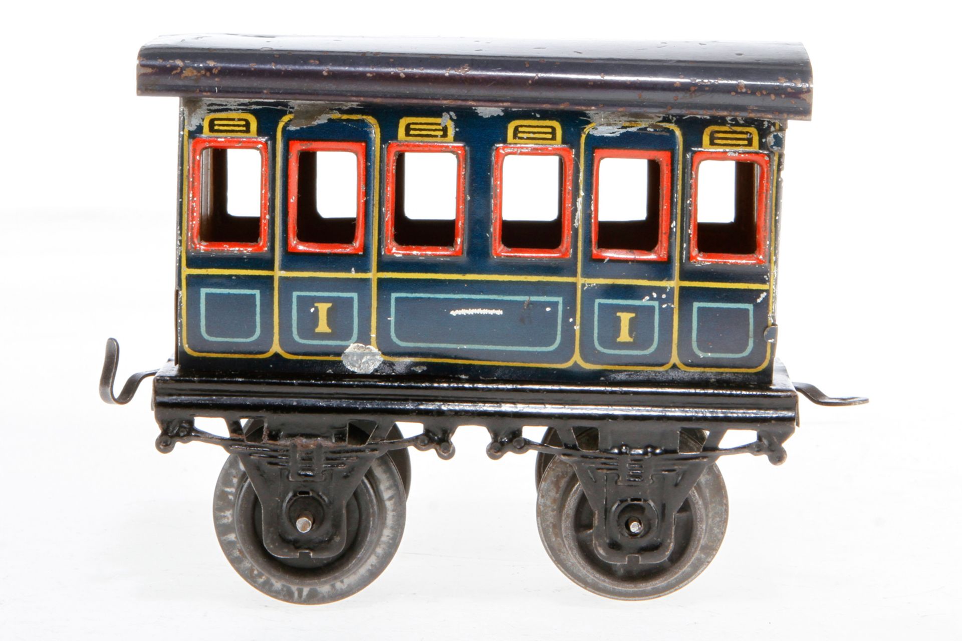 Bing Personenwagen, S 1, uralt, blau CL, Achslagerblenden fehlen, Lackschäden, L 12, Z 2-3