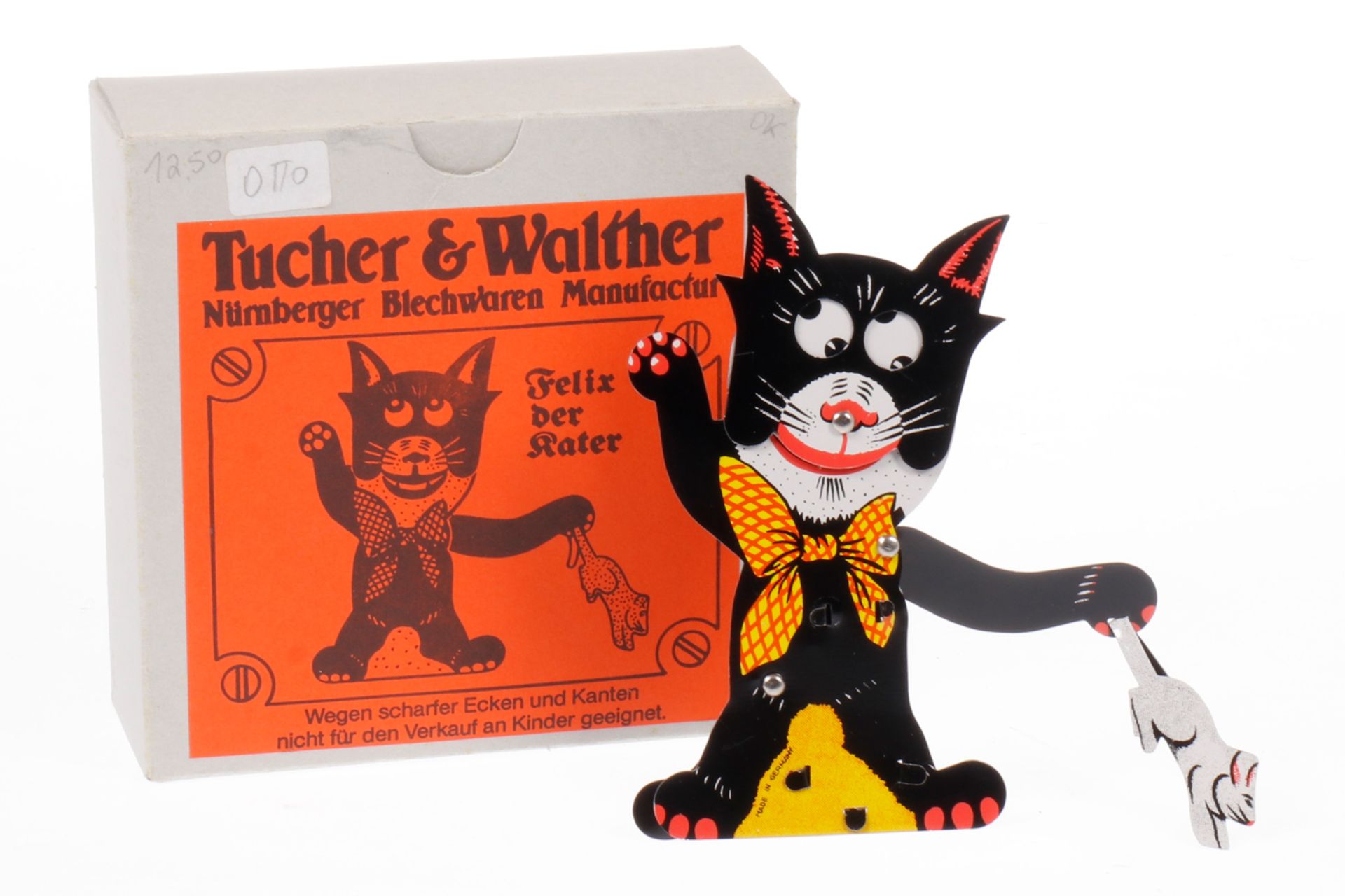 Tucher & Walther Kater ”Felix” Handdrückspiel, Blech, Chromlithographie, H 11,5, Originalkarton, Z