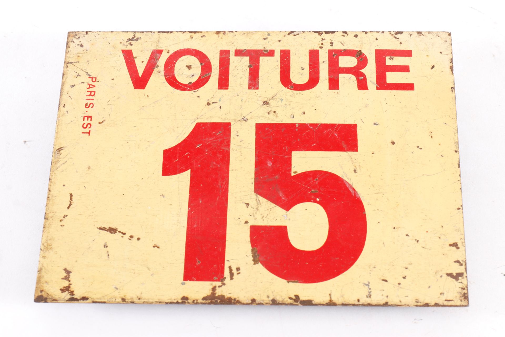 Pariser Zuglaufschild ”Voiture 15”, 20 x 16, Alterungsspuren