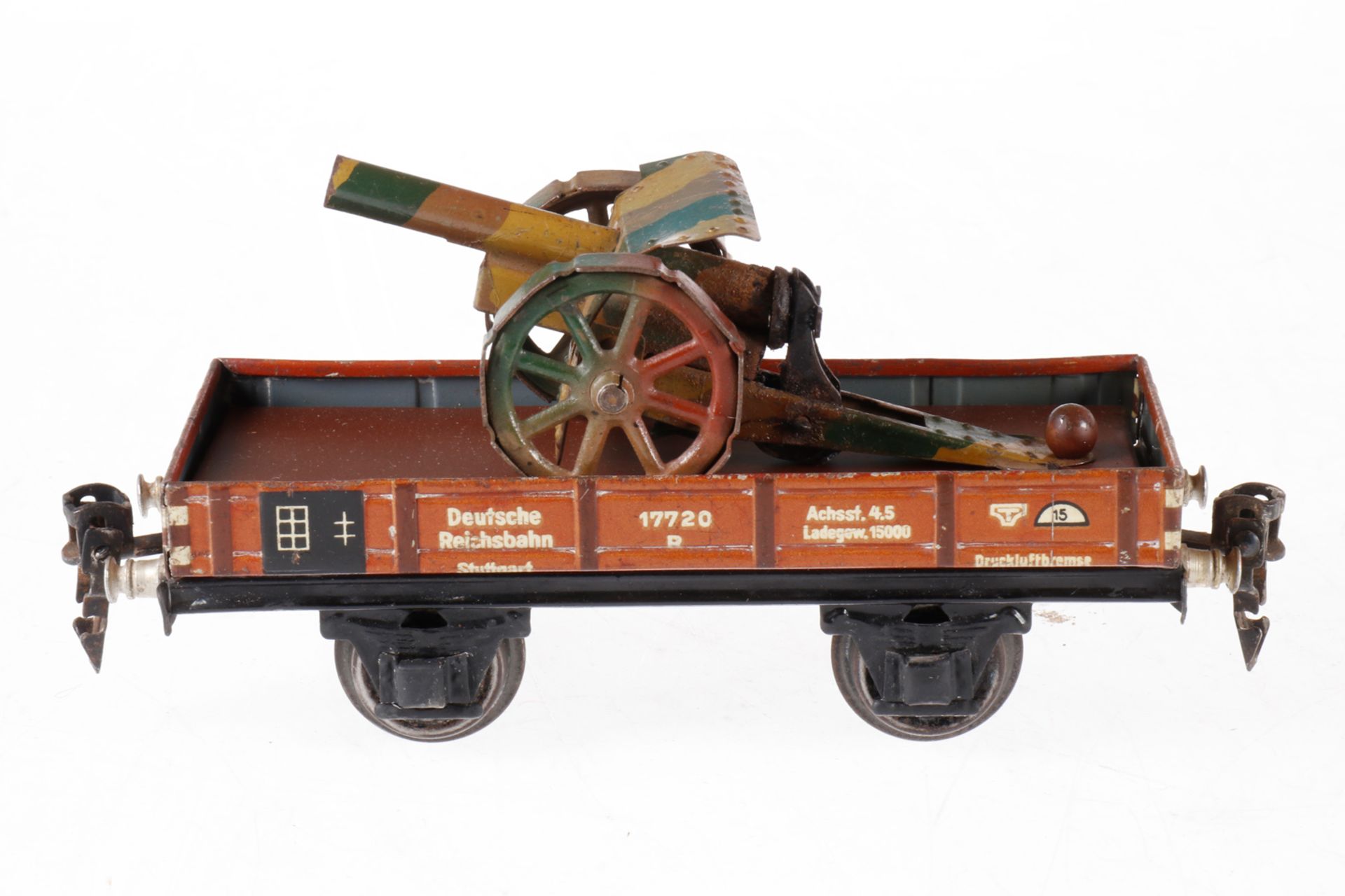 Märklin Niederbordwagen 1764, S 0, Chromlithographie, mit Kanone beladen, Einsatz fremd, L 16,5, Z