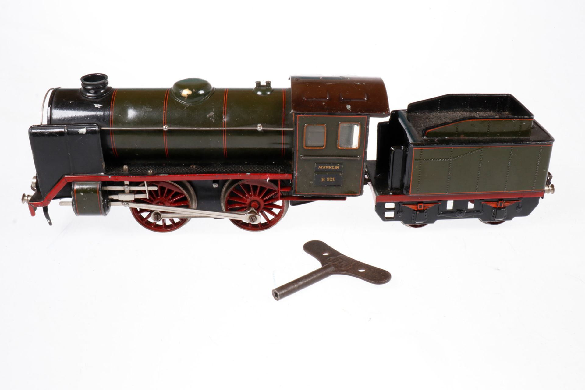 Märklin B-Dampflok R 921, S 1, Uhrwerk intakt, grün/schwarz, mit Tender, kW und 2 imit. Stirnlampen,