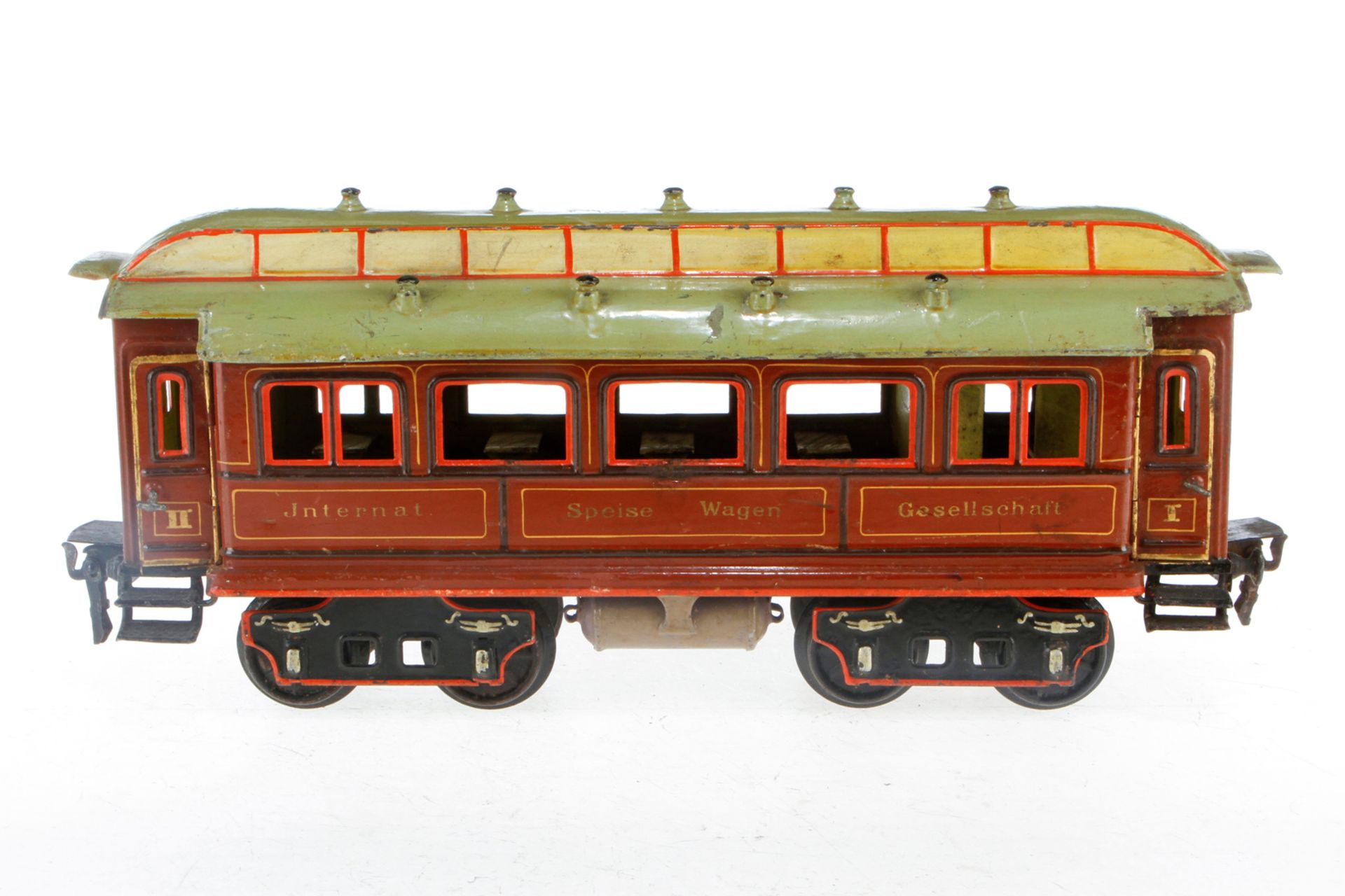 Märklin int. Speisewagen 1842, S 2, uralt, handlackiert, mit Inneneinrichtung, 4 AT und 2