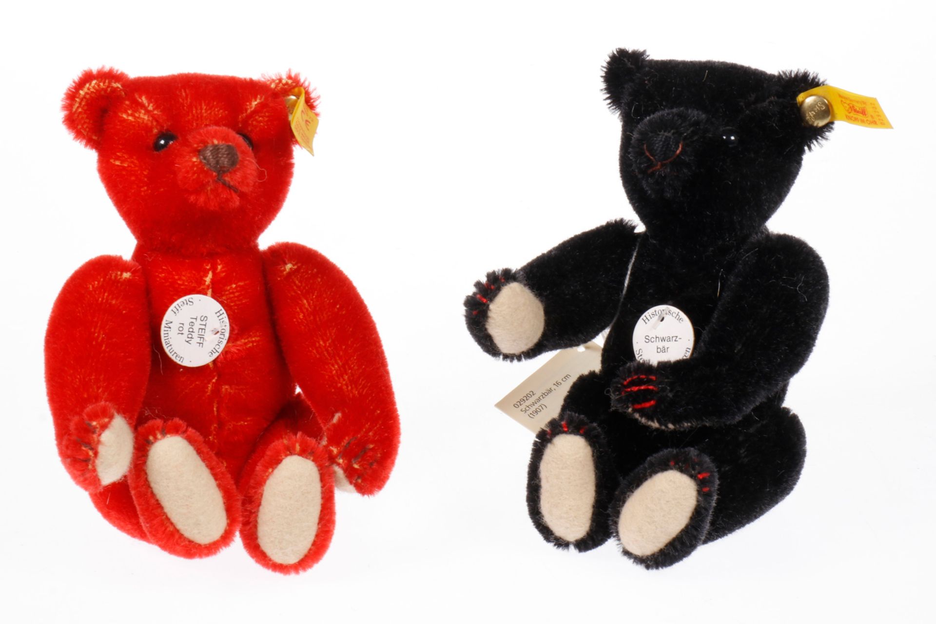 2 Steiff Replik Miniaturbären ”1908”, rot und schwarz, H 18, Z 1-2
