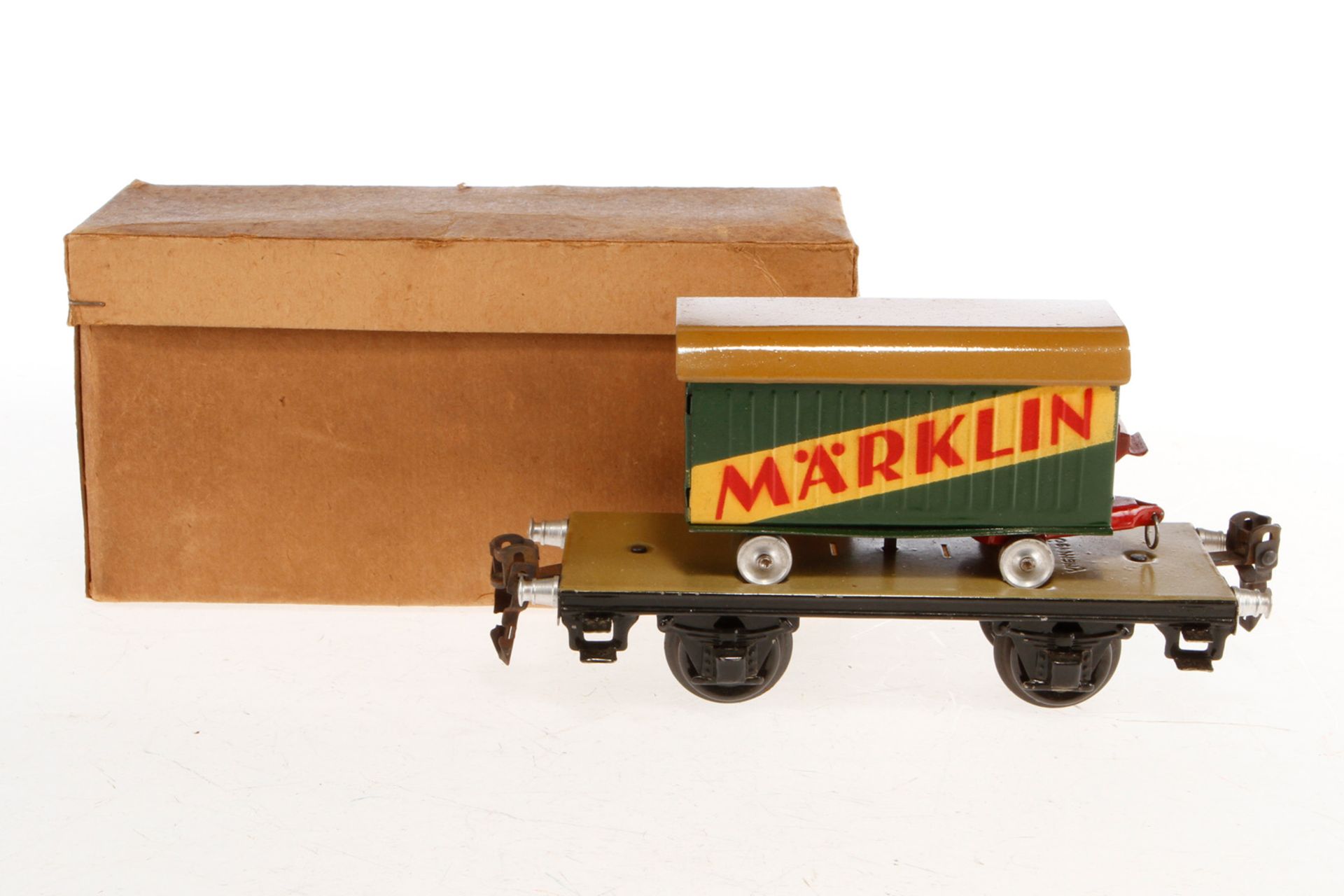 Märklin Plattformwagen 1706, mit Möbelwagen “Märklin“, S 0, handlackiert, L 16,5, OK, Z 1