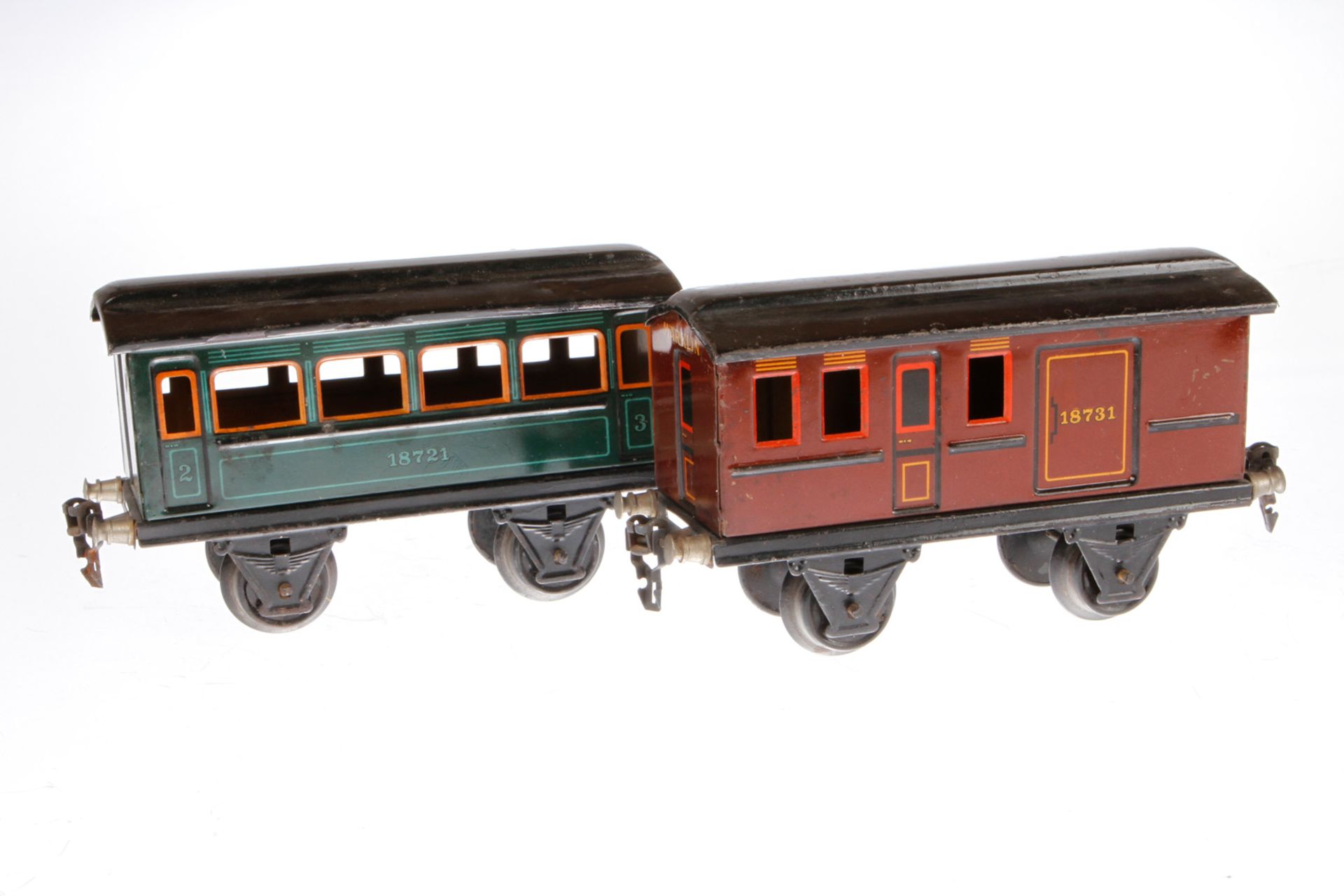 2 Märklin Spur-1-Wagen, Personenwagen 1872 und Packwagen 1873, CL, L 19,5, Z 2