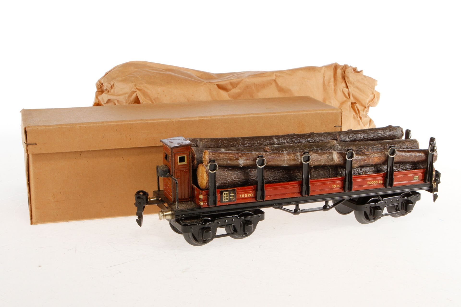 Märklin Rungenwagen 1852, S 0, braun CL, 4A, mit Holzladung, L 24,5, noch original verpackt, OK, Z