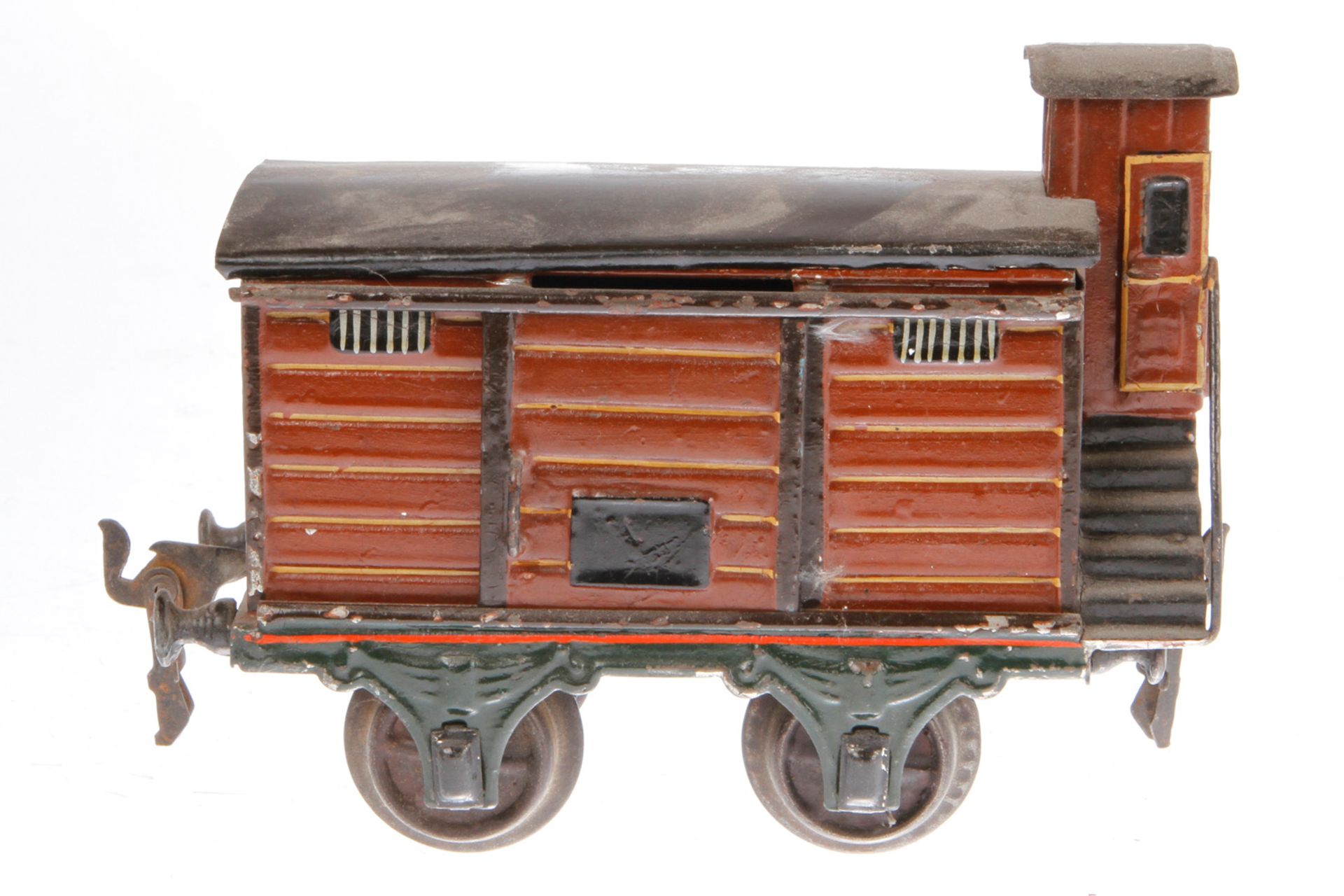 Märklin gedecker Güterwagen, S 1, uralt, mit hochstehendem Bremserhaus, handlackiert, Dach