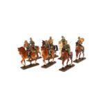 Konv. 7 Lineol Soldaten zu Pferd, darunter 3 Musiker, H 7,5, Z 1-2