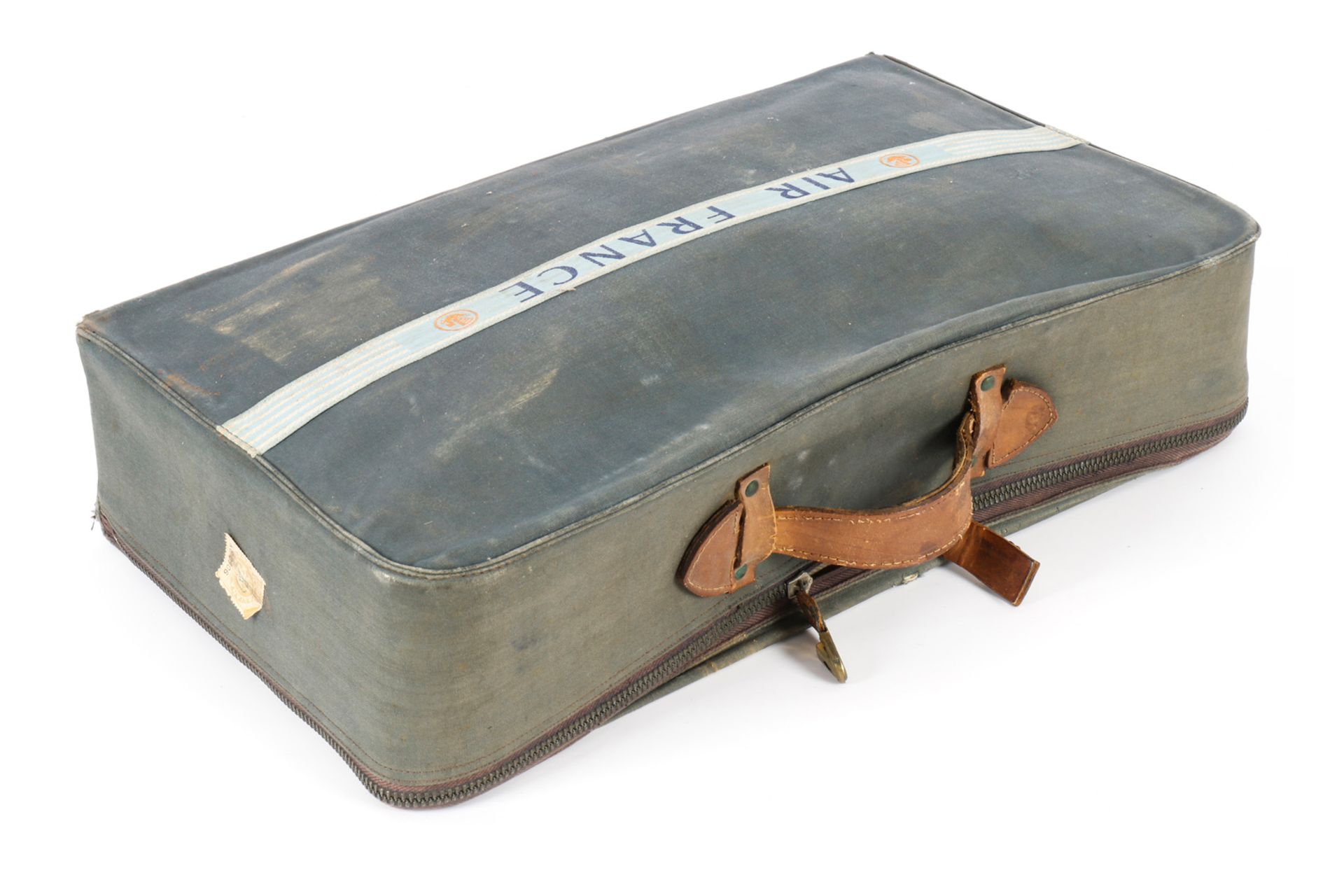 Kleine Reisetasche, Leinen, mit Ledergriff und “Air France“ Band, Alterungs- und Gebrauchsspuren,