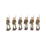 6 Lineol Soldaten, mit Gewehr im Marsch, H 7,5, Z 2