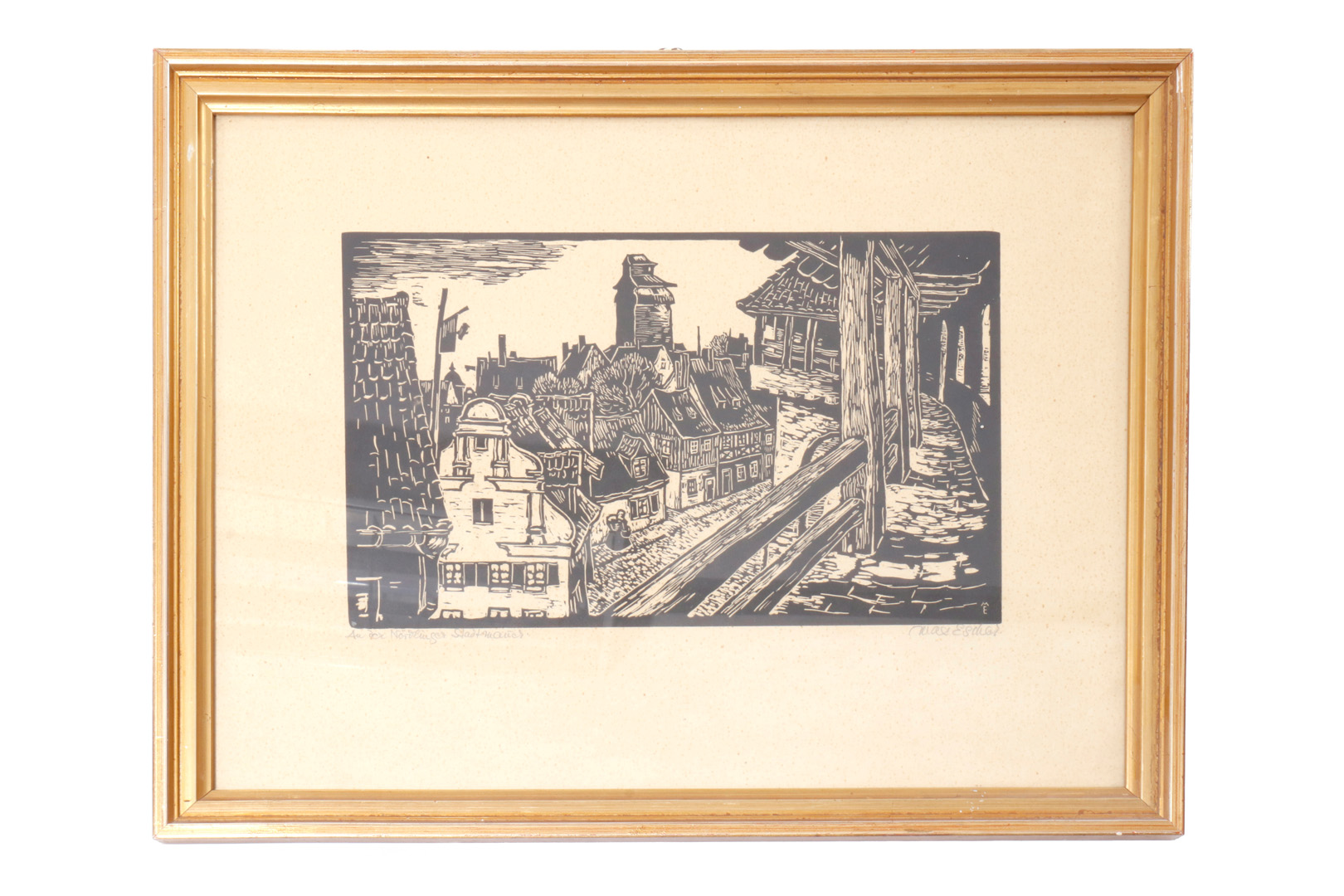 Holzschnitt des Hofer Künstlers Max Escher “An der Nördlinger Stadtmauer“, gerahmt, 49 x 39