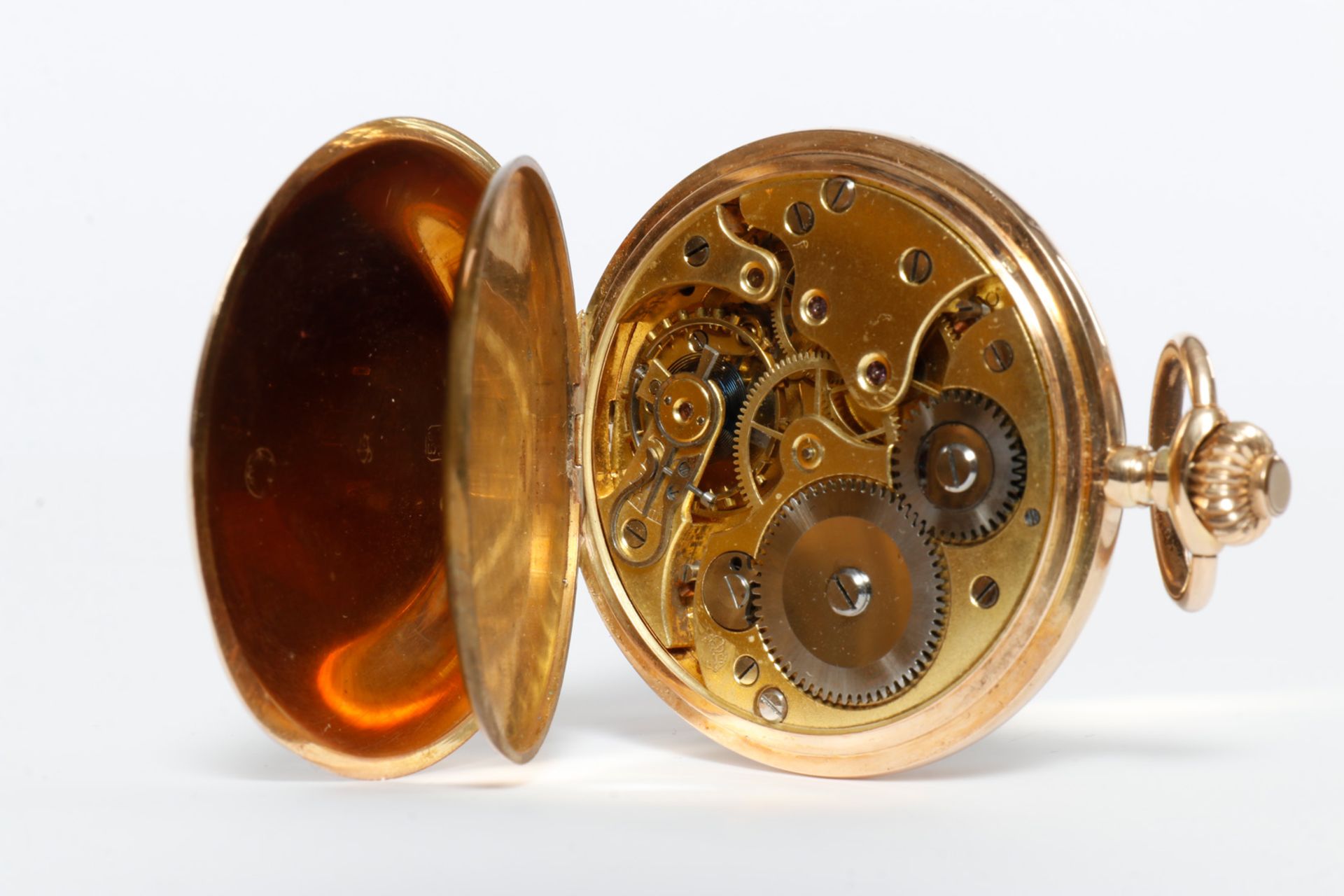 Goldene Herrentaschenuhr Savonette, mit Sprungdeckel, 2 Deckel in 14 Karat Gold, - Bild 5 aus 5