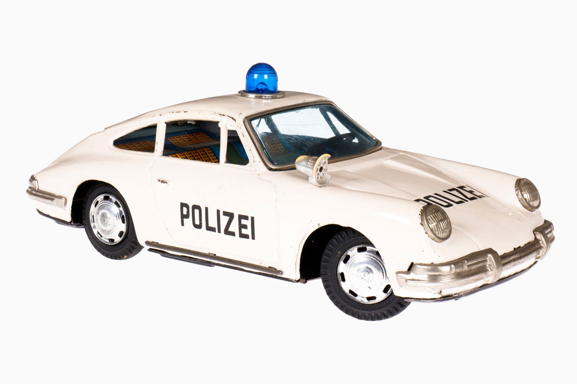 Bandai Polizei Porsche 911 mit Blaulicht, Blech, lenkbar, batteriebetrieben, ohne Fernbedienung,