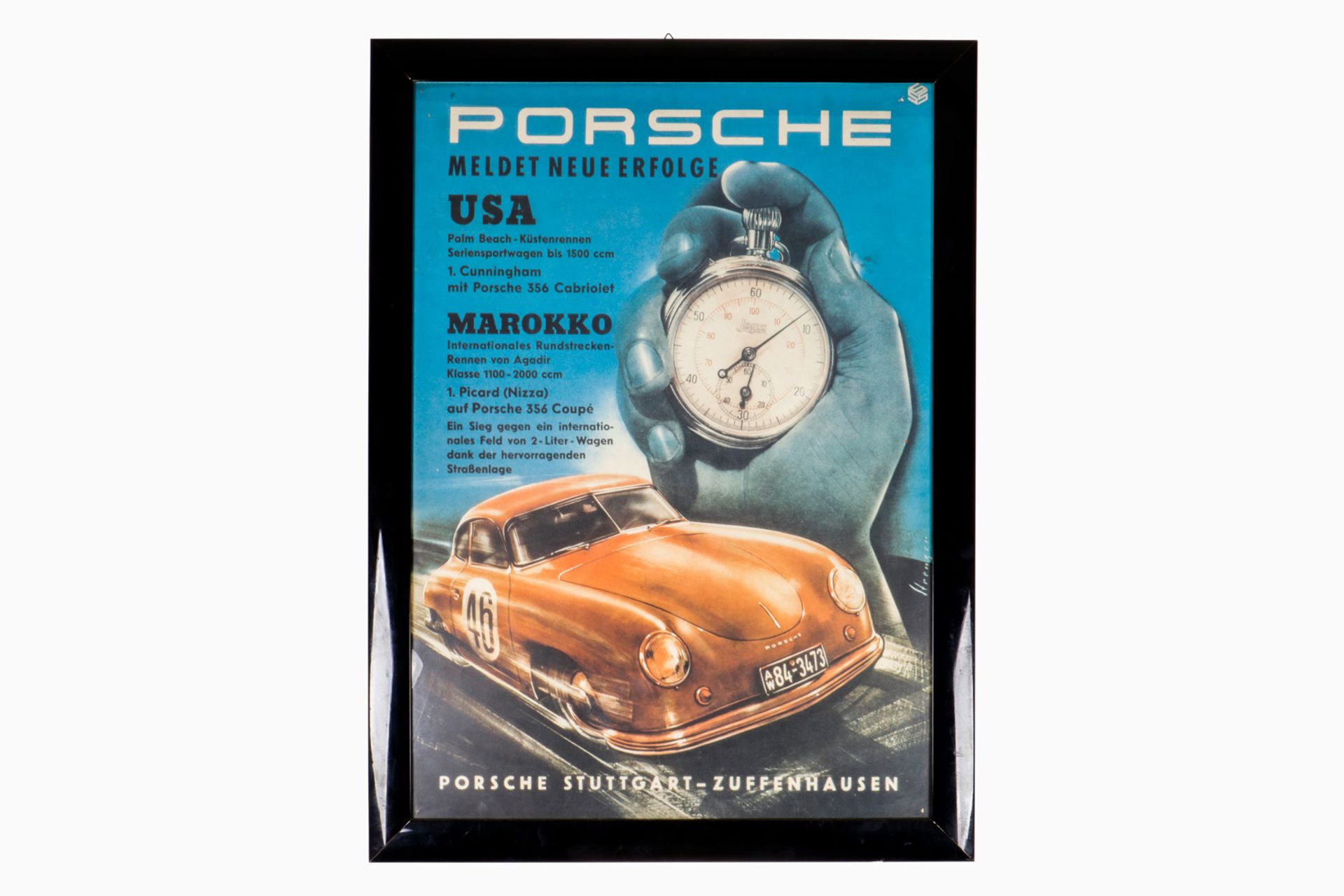 Gerahmtes Porsche Plakat, Entwurf: Strenger ”Neue Erfolge USA Marokko”, L 49, H 69