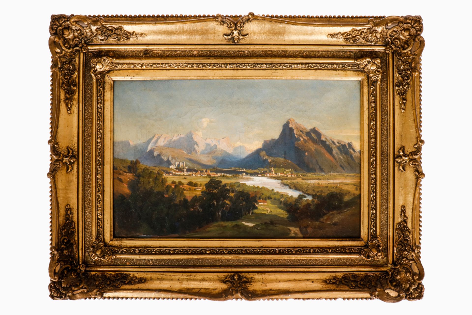 Landschaftsgemälde um 1900, oberitalienische Gebirgslandschaft mit Tal und Festung, Öl/Leinwand,
