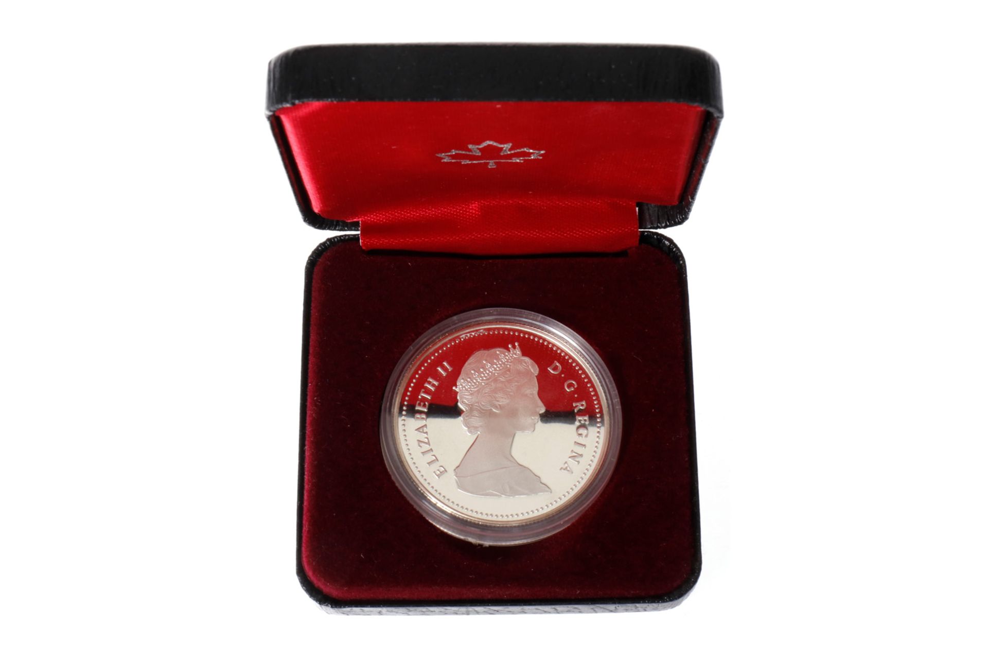 Kanadischer Silberdollar, 100 Jahre Jubiläum 1986, mit Zertifikat, im Etui