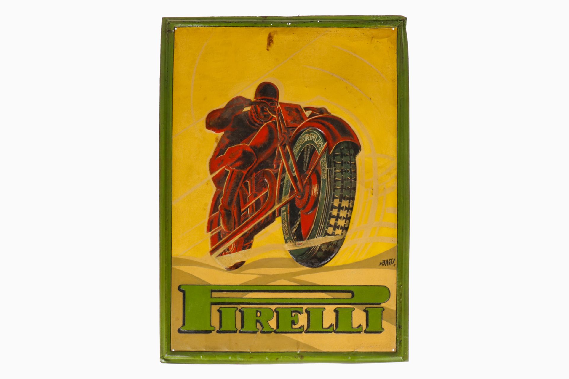 Pirelli Werbeschild, Blech, geprägt, uralt, signiert Bassi, tw RS, farbl. rest., L 48, H 64