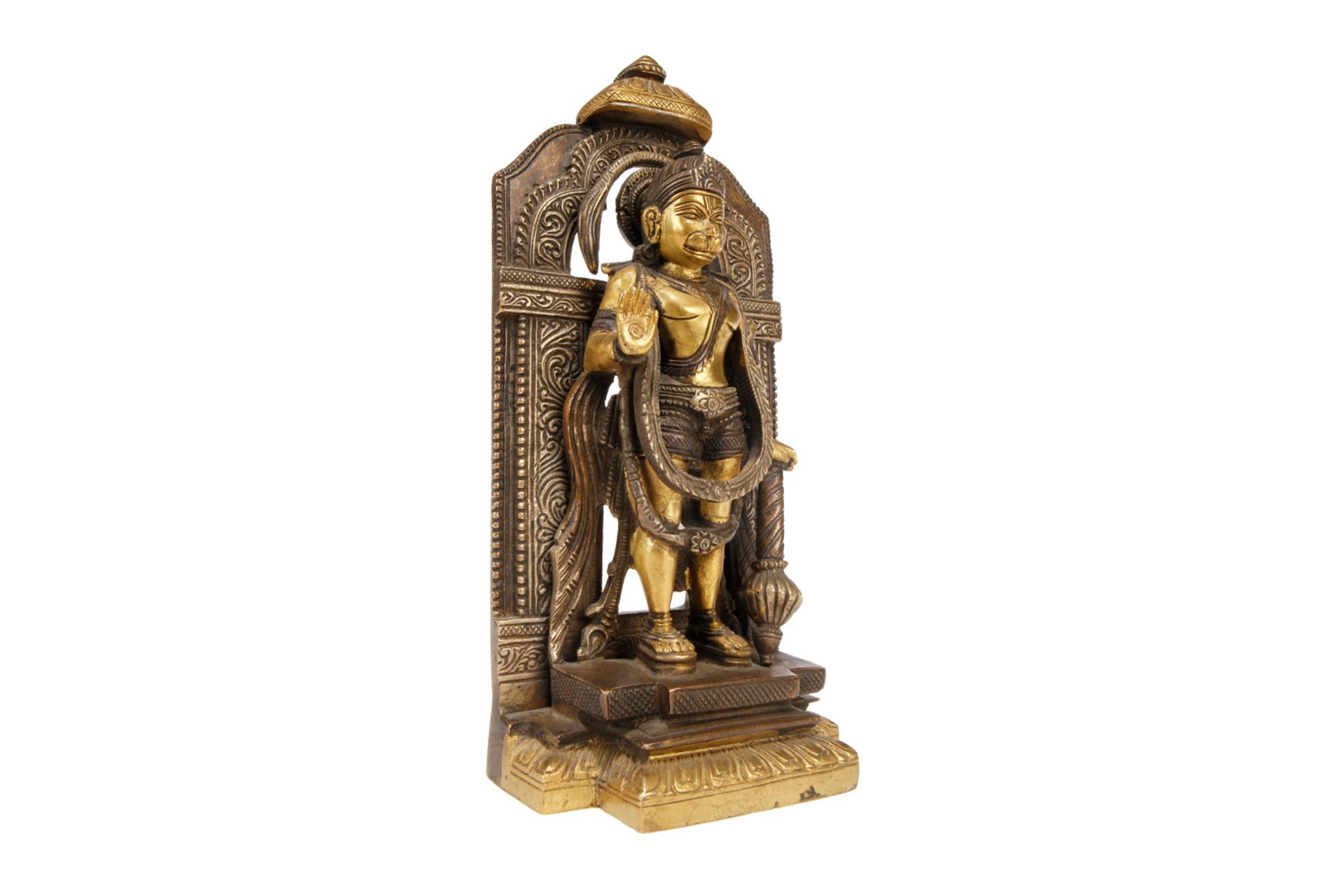 Bronzealtar mit indischer Gottheit Hanuman, patiniert und vergoldet, Sohn von Shiva, beliebte