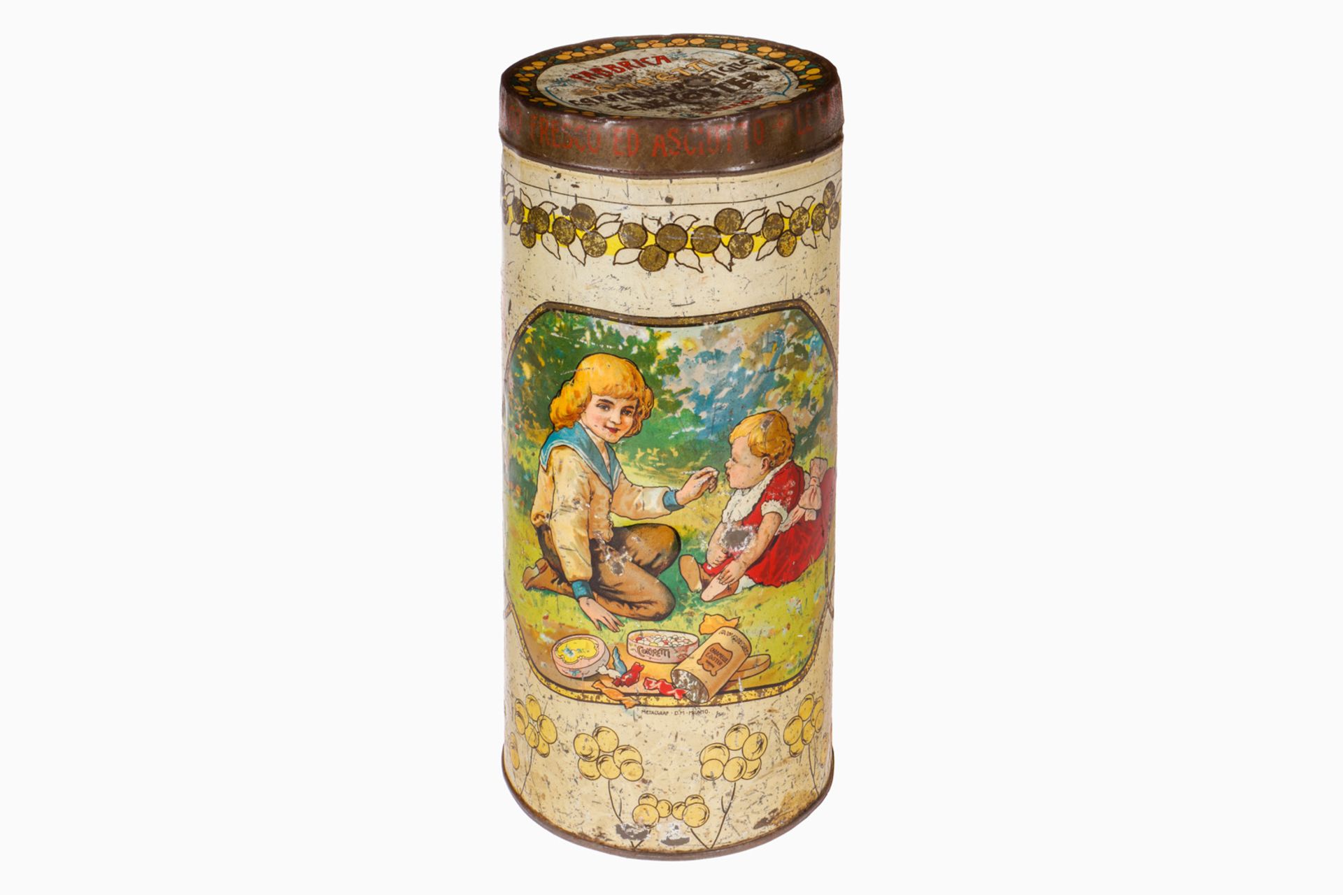 Runde Blechdose um 1900, ”E. De Coster Torino”, Kindermotiv, CL, Entwurf von Metalgraf,