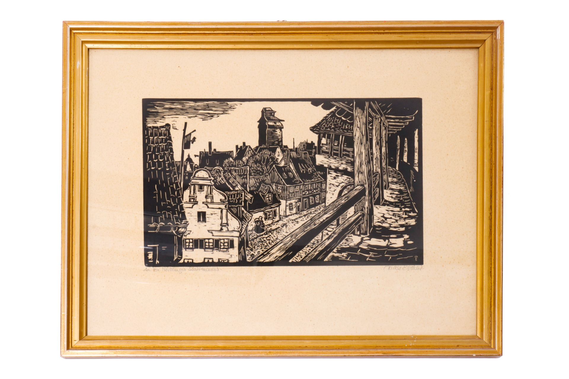 Holzschnitt des Hofer Künstlers Max Escher ”An der Nördlinger Stadtmauer”, gerahmt, 49 x 39