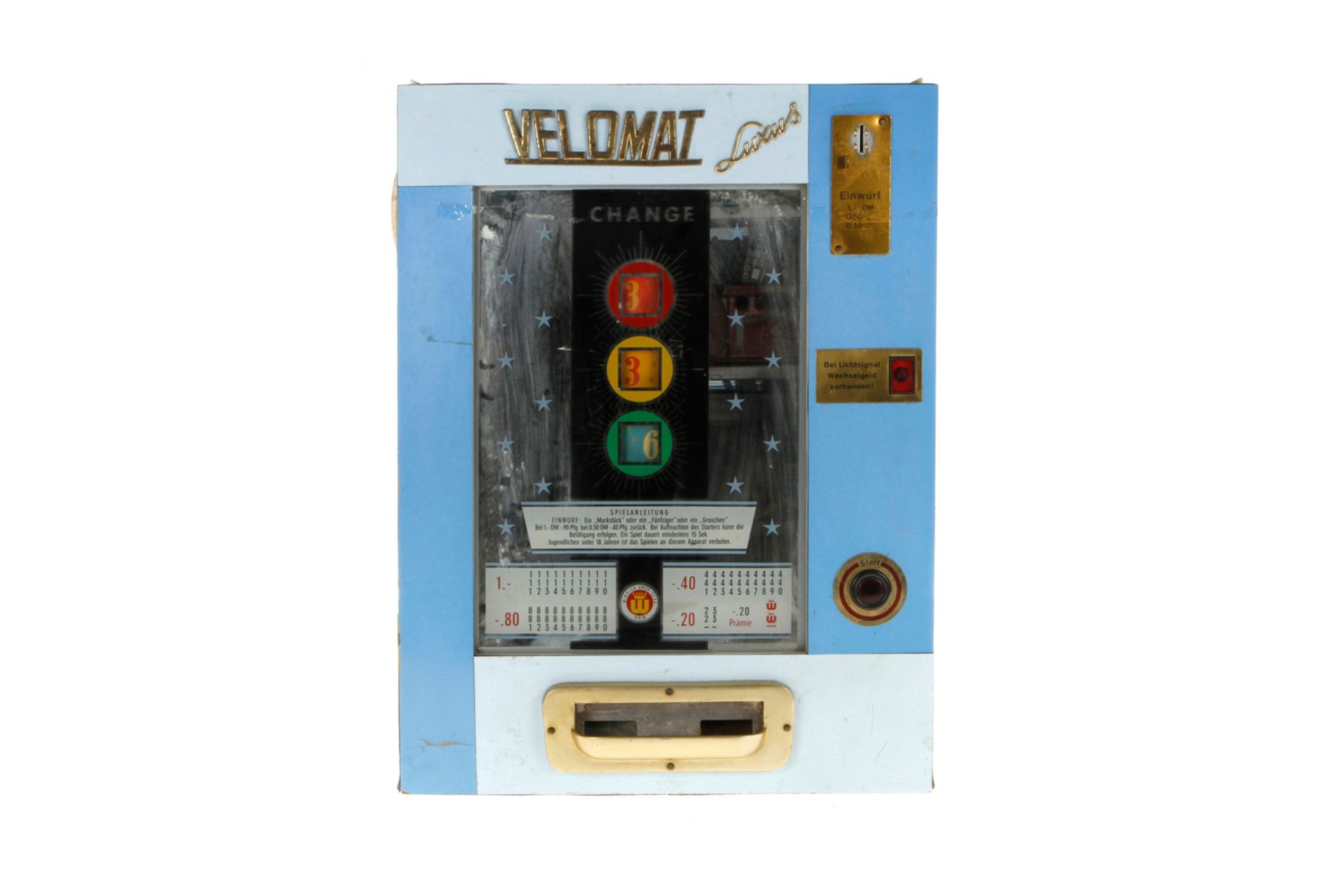 Geldspielautomat Velomat Luxus, DM Münzeinwurf, 60er Jahre, Gebrauchsspuren, 50x70 cm, Gehäuse tw