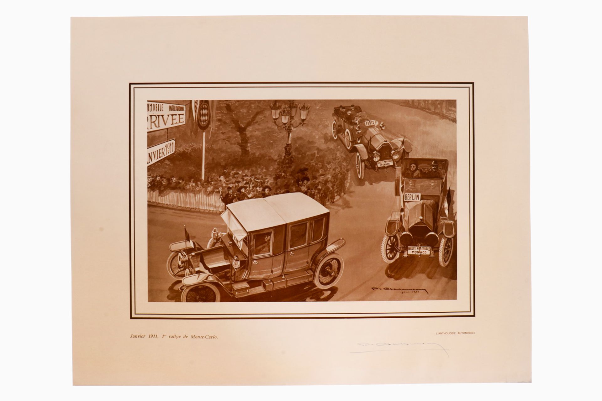 3 Rennplakate, 2 x Monaco 1911 und Indianapolis 1927, 2 von Künstler signiert, 55 x 44