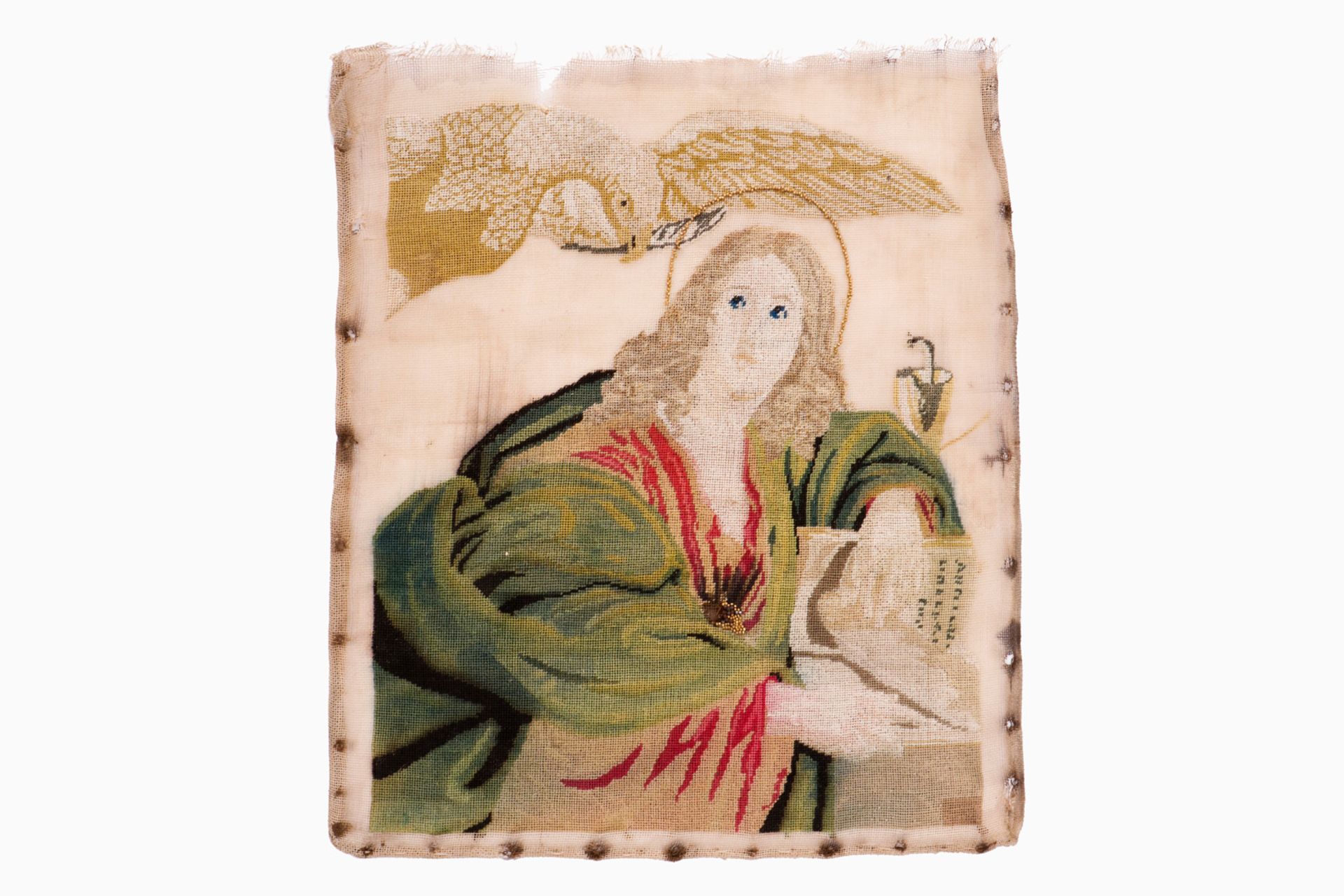 Feine Biedermeier Stickerei, Heilige mit Buch und Adler, 22x26
