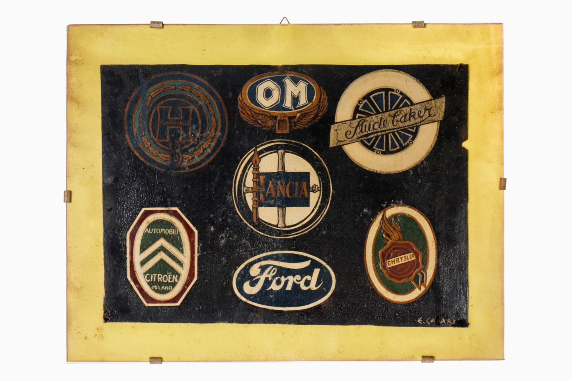 Originalentwurf verschiedener Autoplaketten, auf Pappe, handgemalt, u.a. für die Marke Buick,