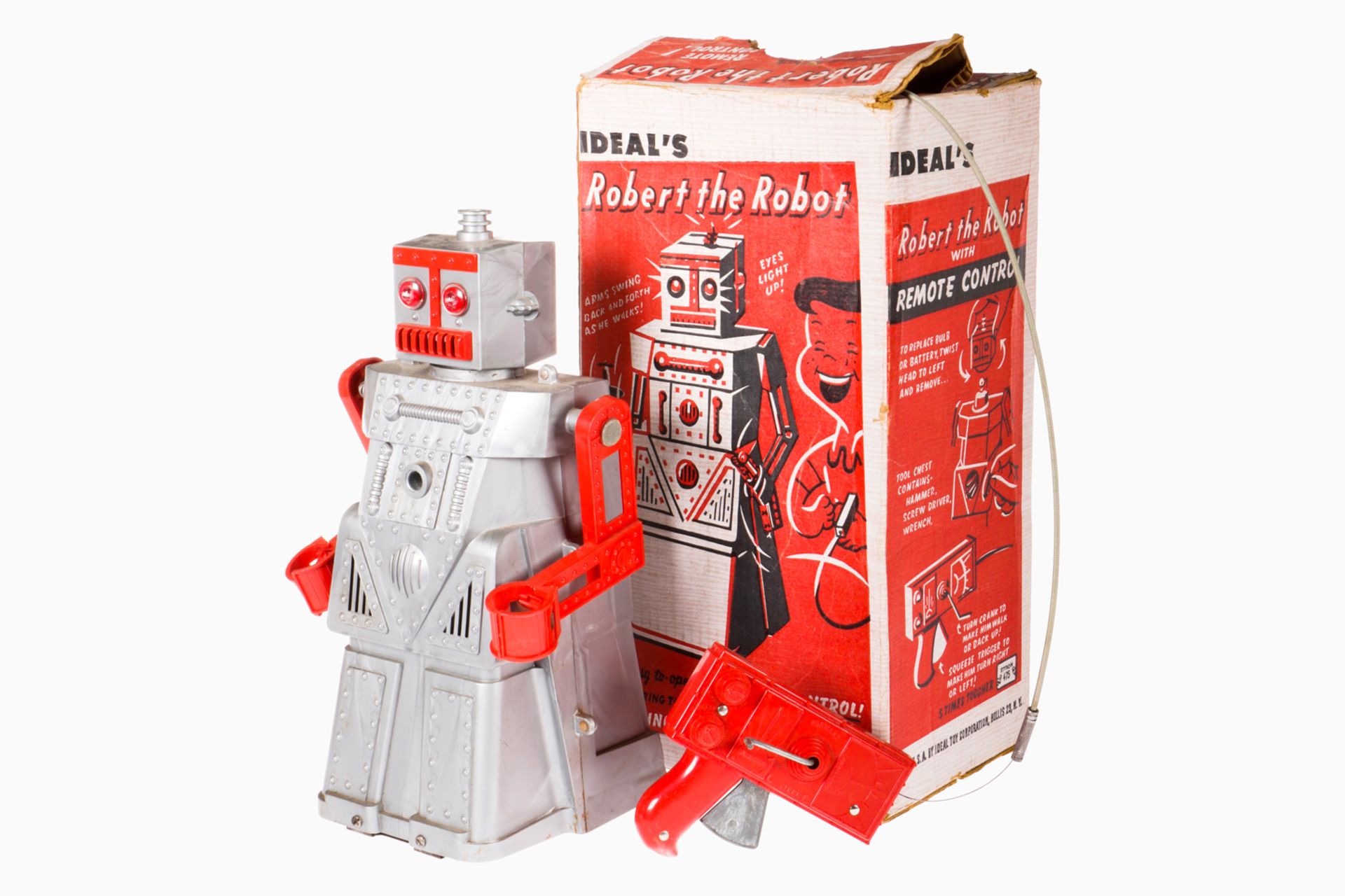 Ideal ”Robert the Robot” Nr. 4049, mit Fernbedienung, spricht, läuft und bewegt die Arme, Alterungs-