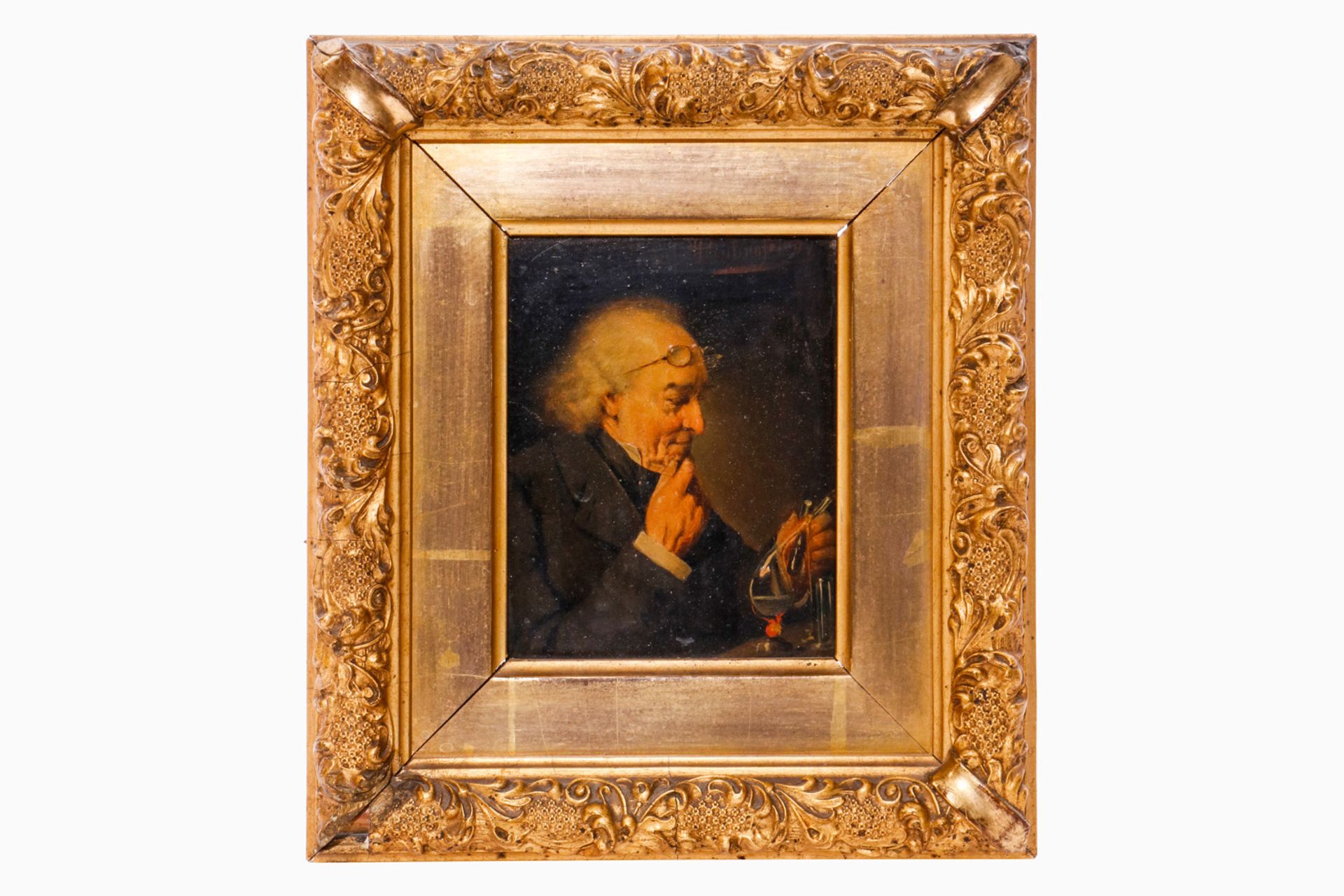 Feines Portrait eines Alchimisten, 19. Jahrhundert, Öl/Holz, oben rechts undeutlich signiert, in