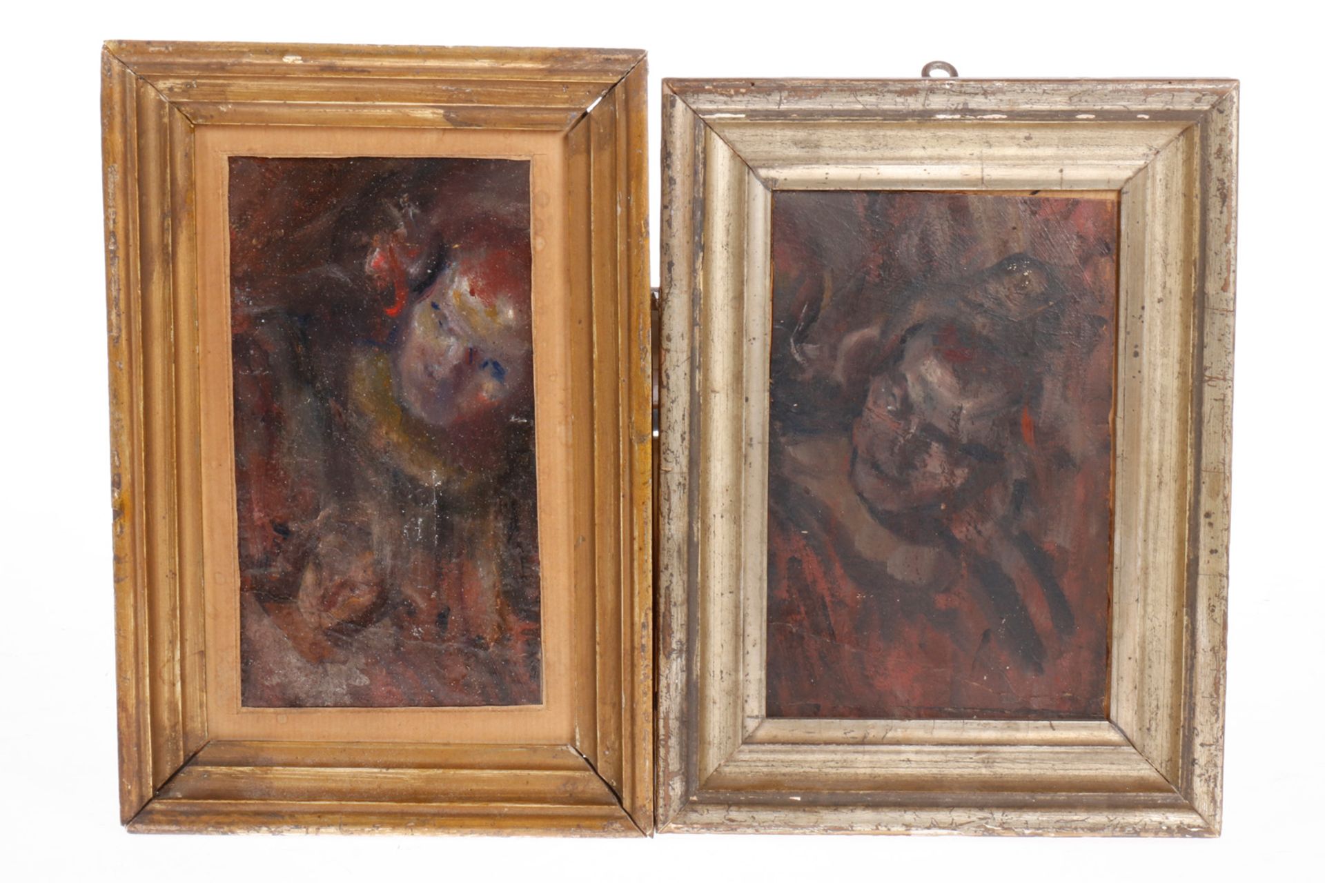 2 Portraits, Öl/Pappe, 1 rückseitig signiert A. von Keller, in Goldrahmen, 16x25