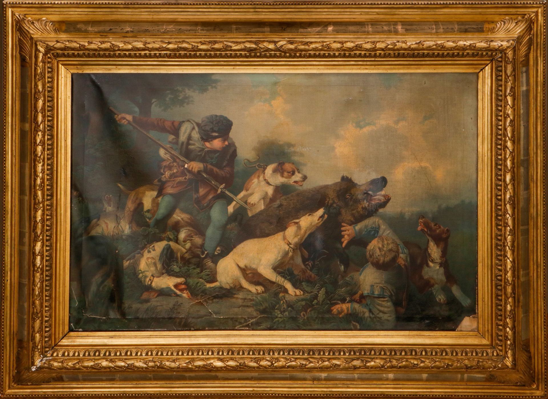 Öldruck von altem Gemälde Wildschweinjagd, in schwerem, vergoldetem Rahmen, um 1900, Bild tw besch.,