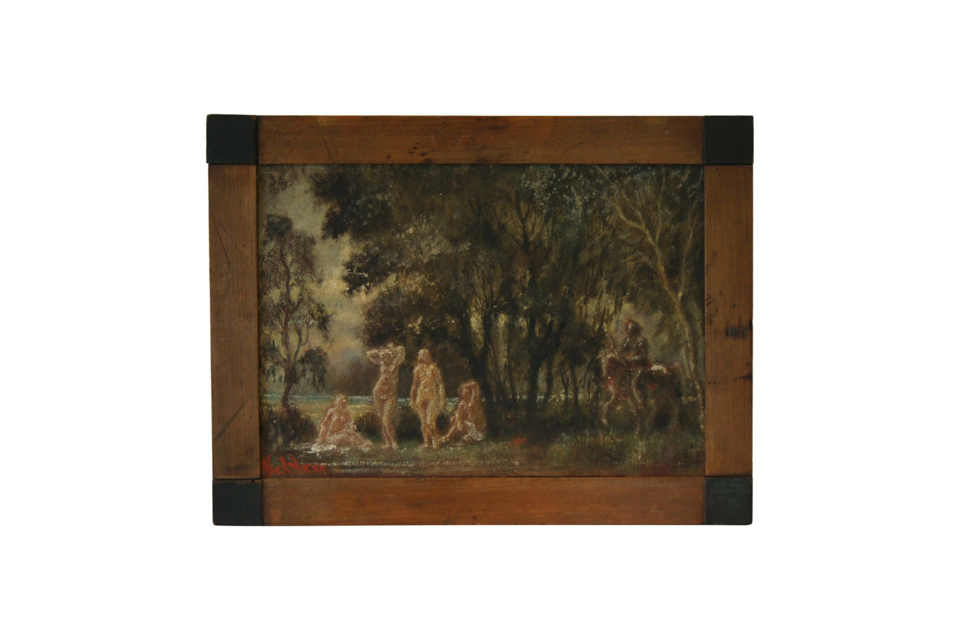 Leo von Welden, Vier badende Mädchen mit Ritter zu Pferd am Seeufer, Öl/Pappe, unten links