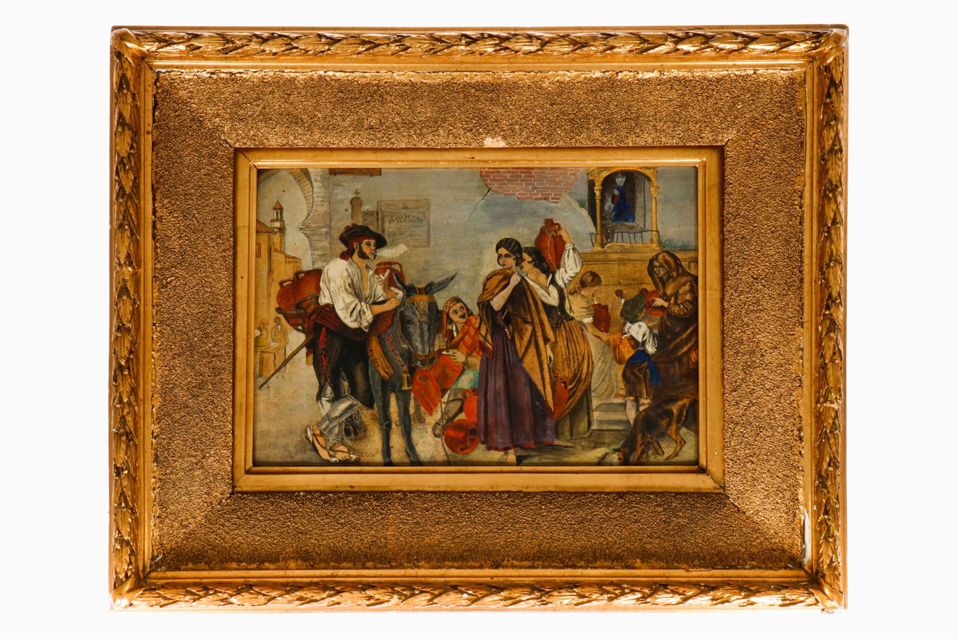 Ölbild, spanischer Dorfplatz mit Händlern, um 1900, gemalt auf Pappe, in gestucktem und