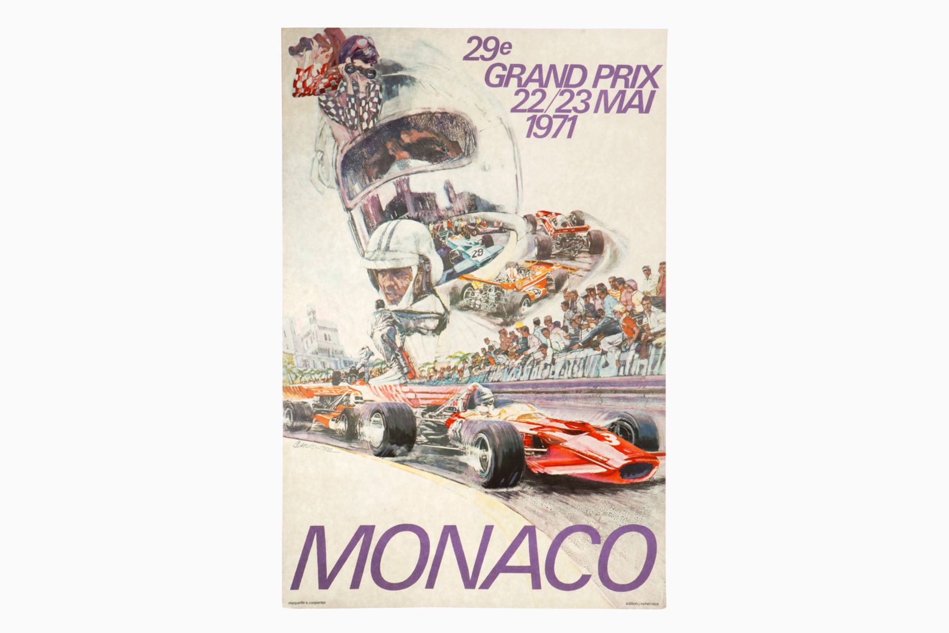 Original Rennplakat 29. Grand Prix 1971 Monaco, Entwurf S. Carpenter, Edition J. Ramel-Nice, 40 x