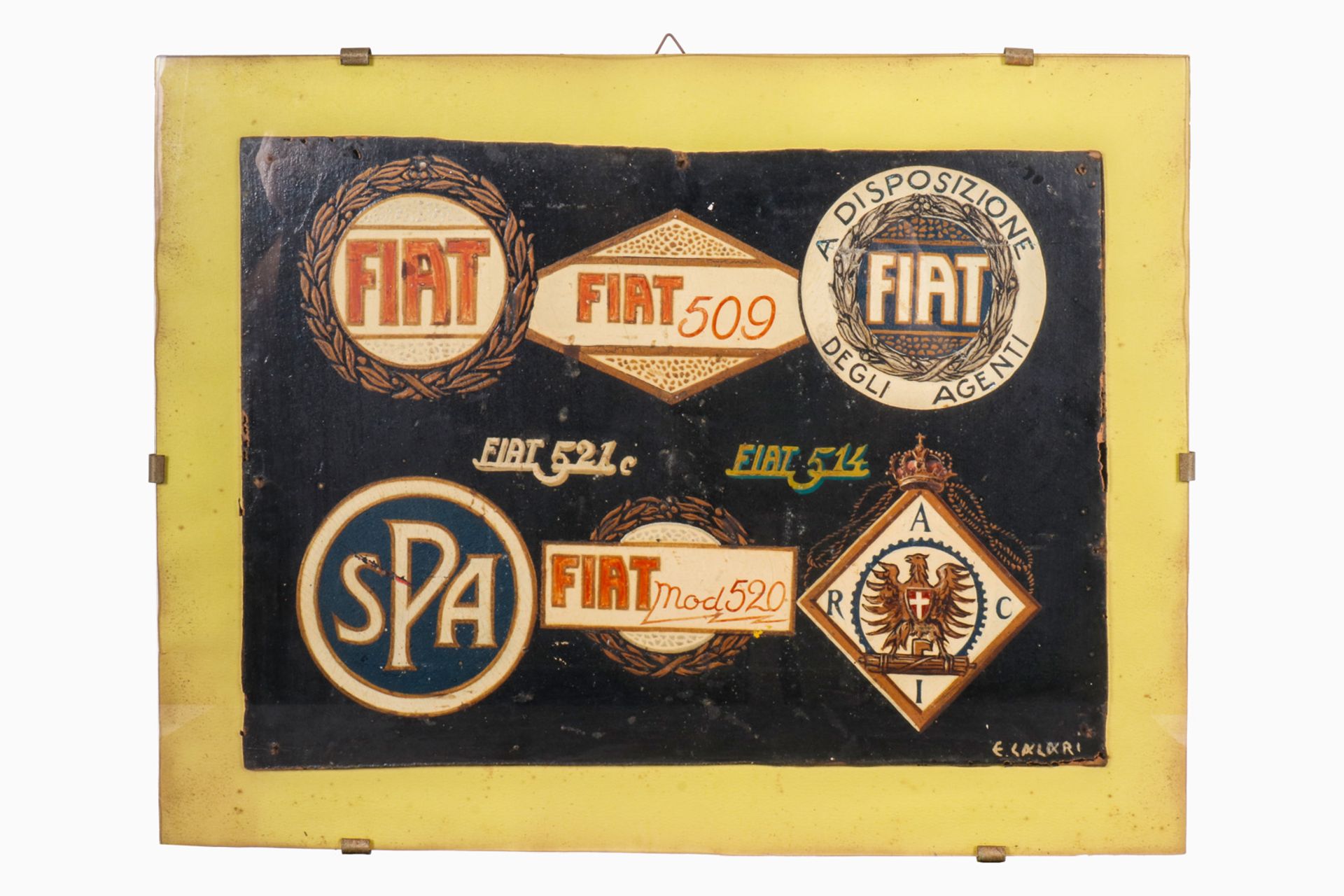 Handgemalter Entwurf von verschiedenen Auto- und Autoclubplaketten, Fiat 509/514/520/521 C, signiert