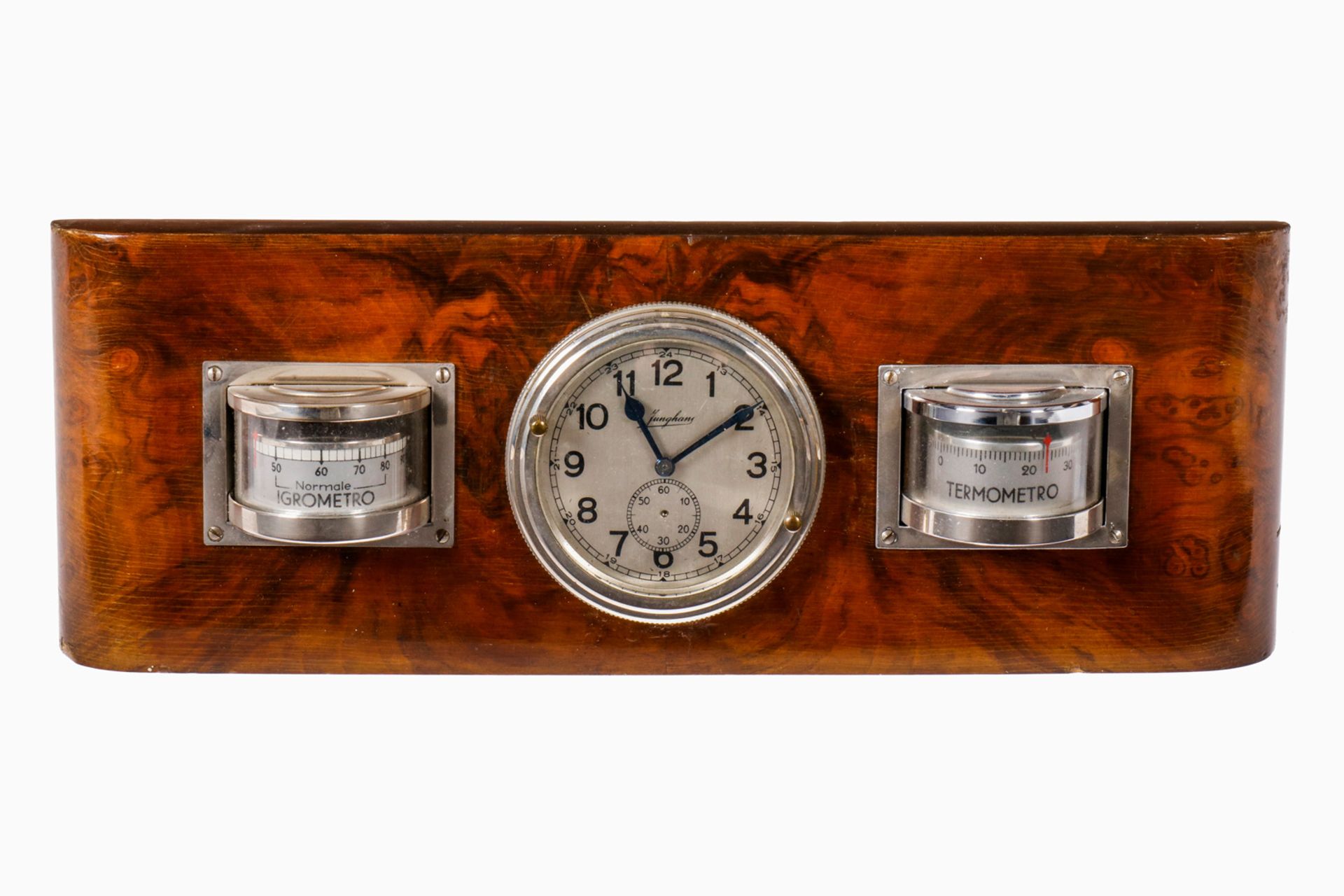 Instrumententafel, Holz, mit Junghans Uhr, Igrometro und Thermometro, 20er Jahre, Sekundenzeiger