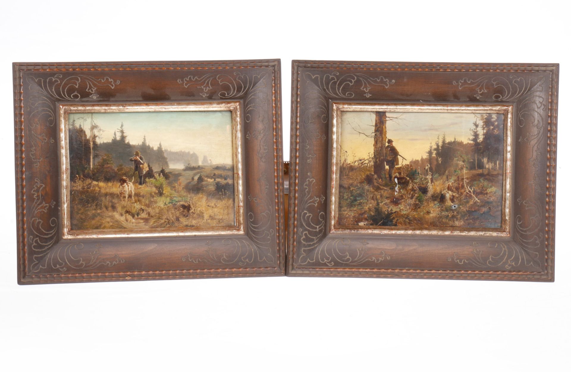 2 Jagdszenen, Öl/Holz, um 1900, signiert Josef Schmitzberger, unter Glas gerahmt, Bildgröße 25x18