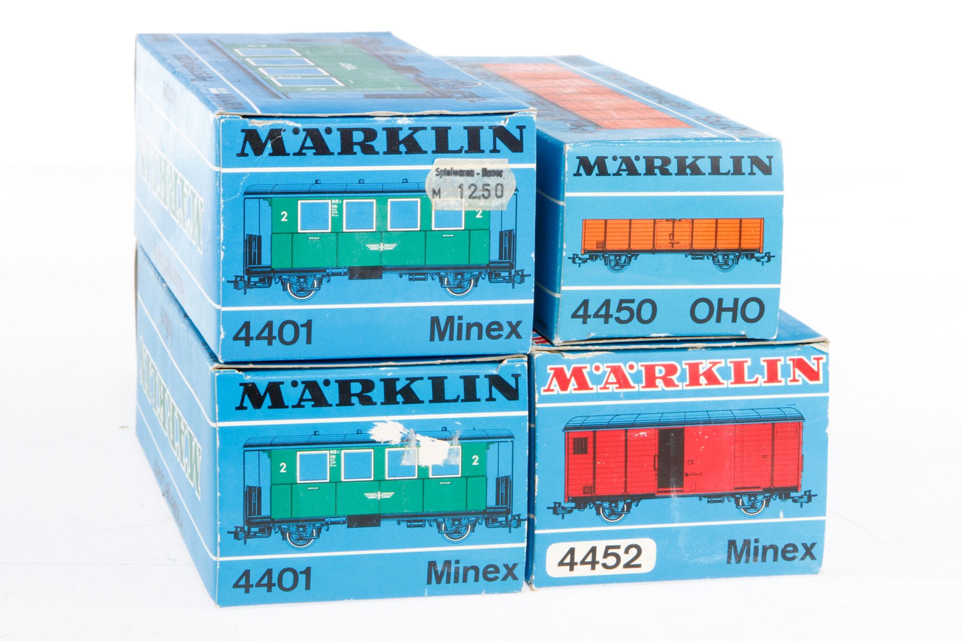 4 Märklin Minex Wagen 2x 4401, 4450 und 4452, S 0e, Alterungsspuren, je im OK, Z 2-3