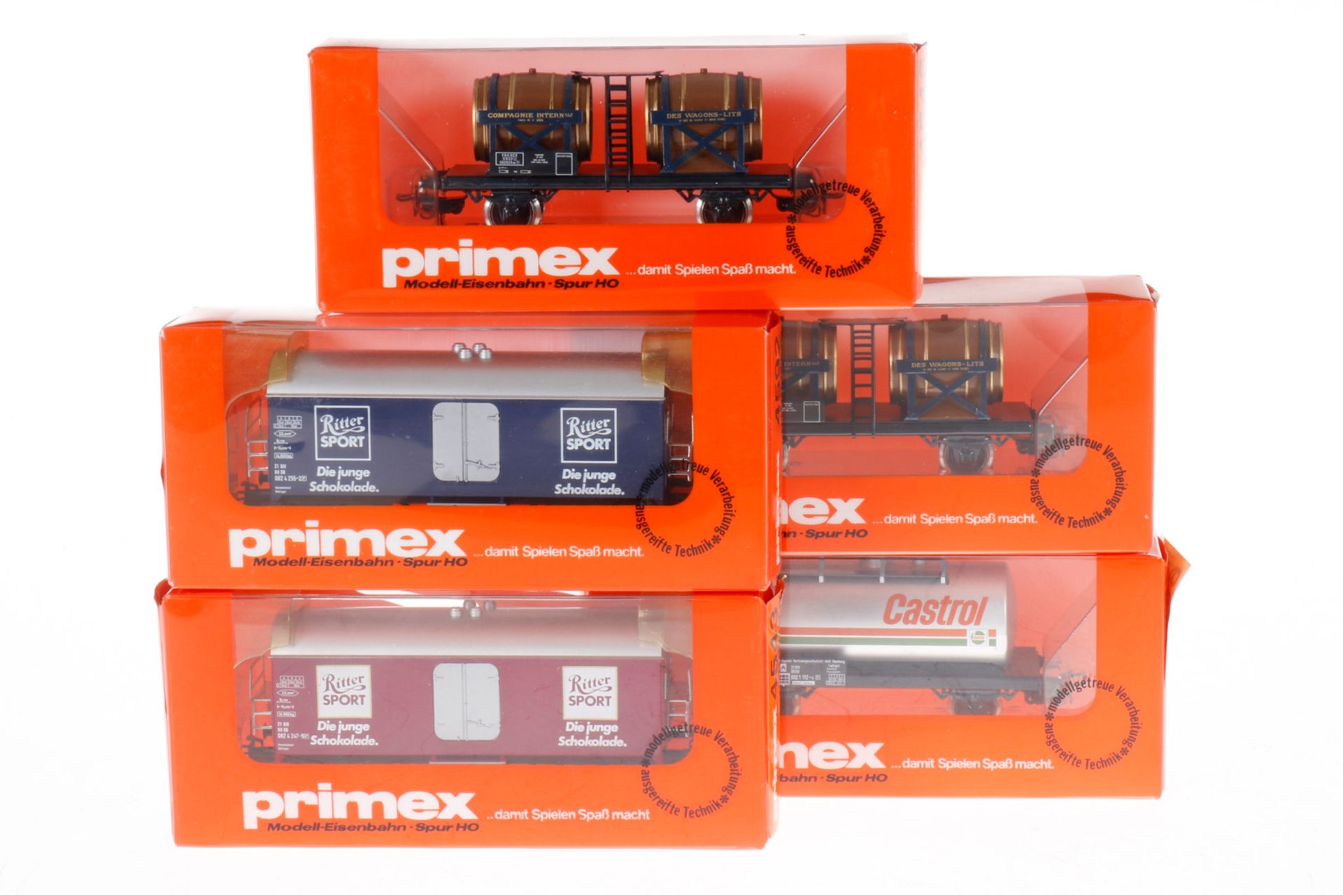 5 Primex Wagen 4543, 2x 4546, 4549 und 4592, S H0, Gebrauchsspuren, je im OK, Z 3