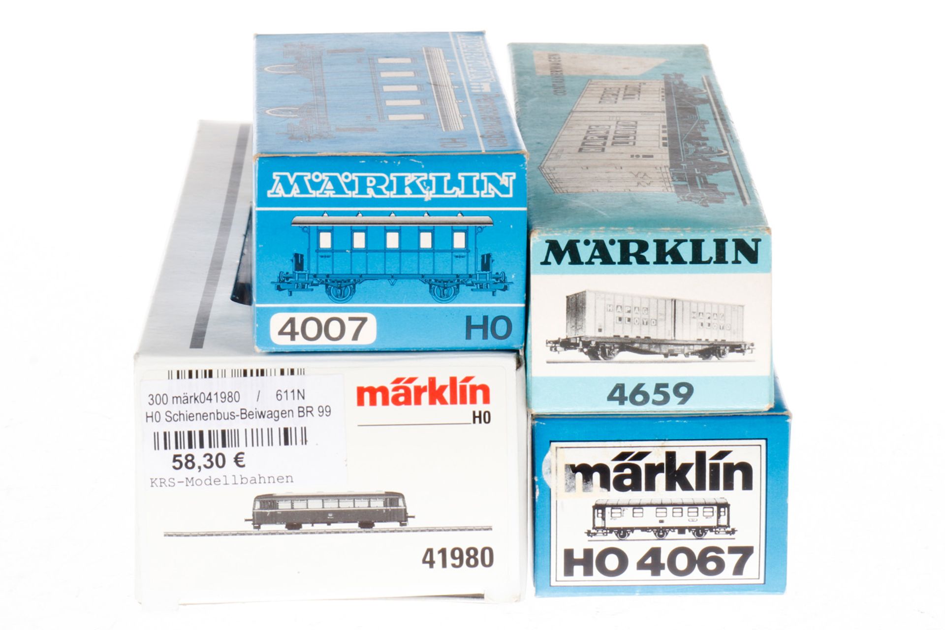 4 Märklin Wagen 4007, 4067, 4659 und 41980, S H0, Gebrauchsspuren, je im OK, Z 3