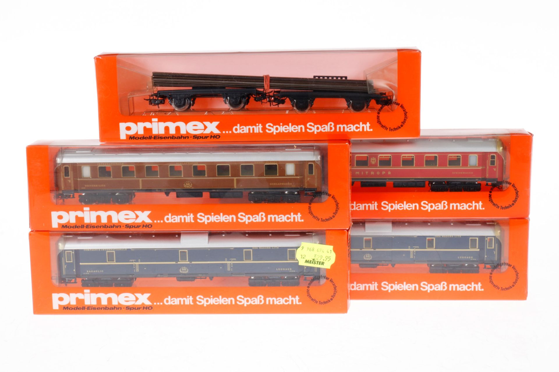 5 Primex Wagen 2x 4186, 4191, 4196 und 4598, S H0, Gebrauchsspuren, je im OK, Z 3